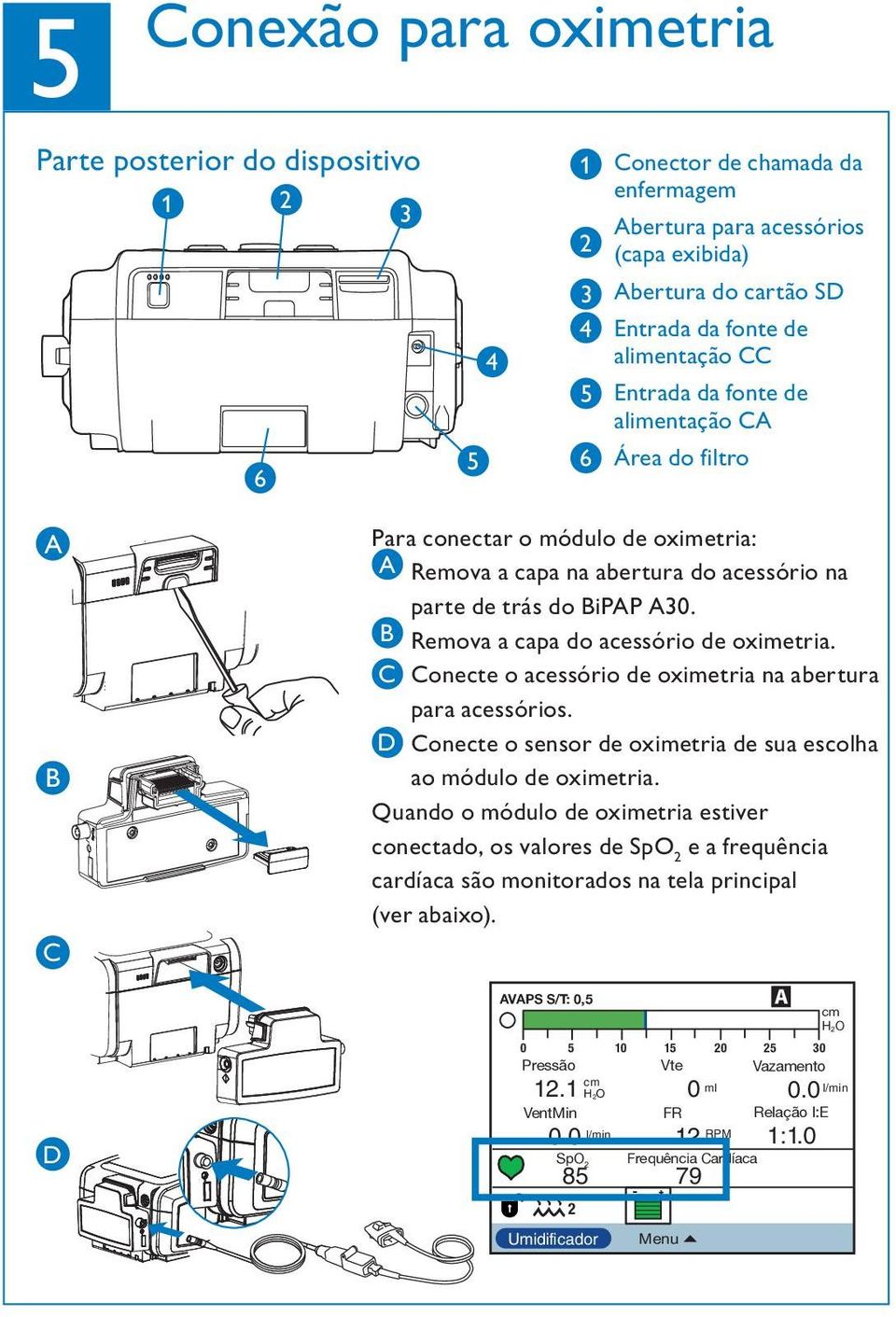 B Remova a capa do acessório de oximetria. C Conecte o acessório de oximetria na abertura para acessórios. D Conecte o sensor de oximetria de sua escolha ao módulo de oximetria.