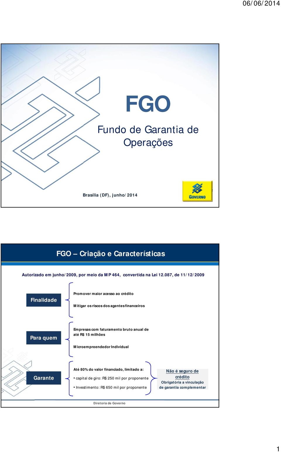 087, de 11/12/2009 Finalidade Promover maior acesso ao crédito Mitigar os riscos dos agentes financeiros Para quem Empresas com faturamento