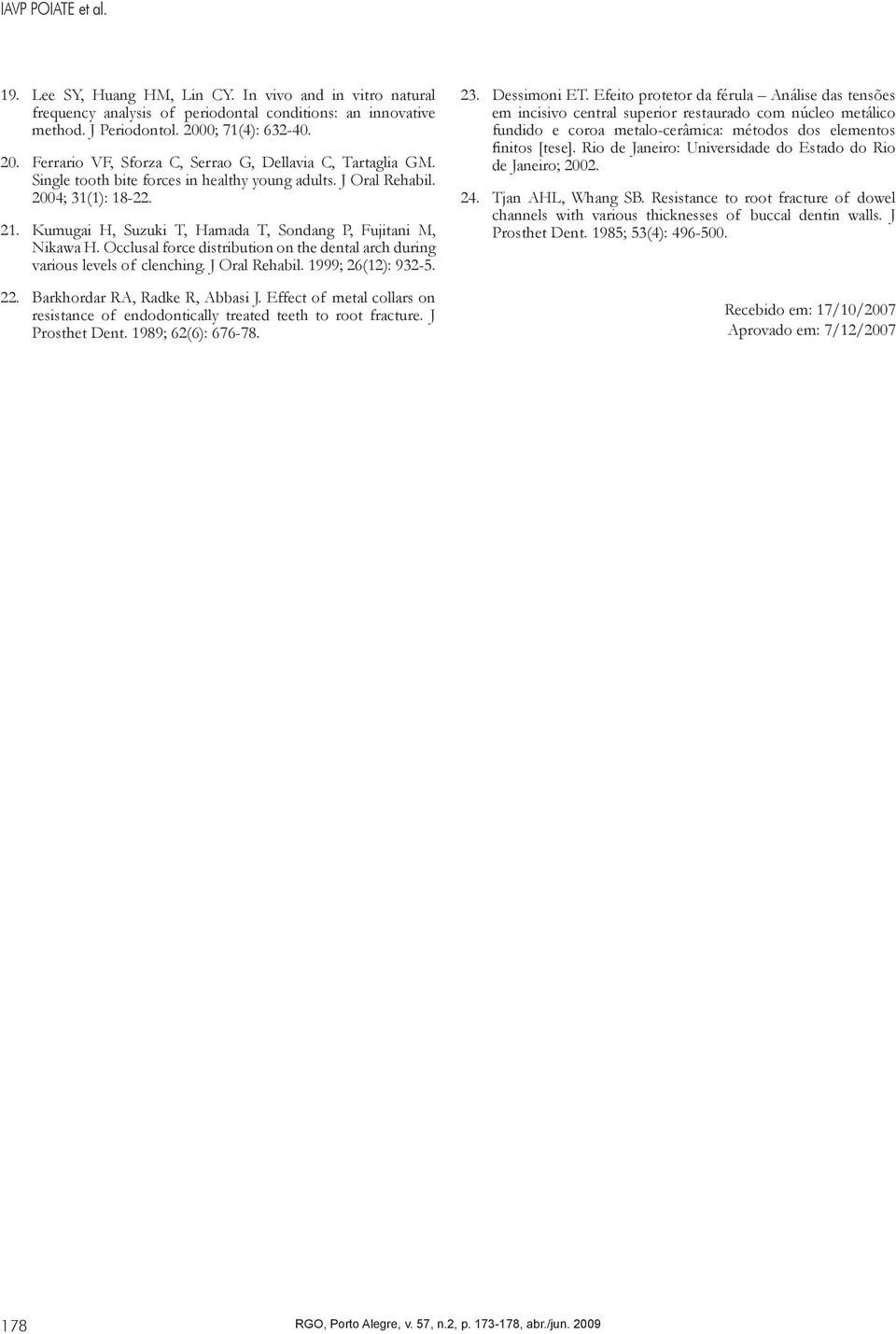 Kumugai H, Suzuki T, Hamada T, Sondang P, Fujitani M, Nikawa H. Occlusal force distribution on the dental arch during various levels of clenching. J Oral Rehabil. 1999; 26(12): 932-5. 22.