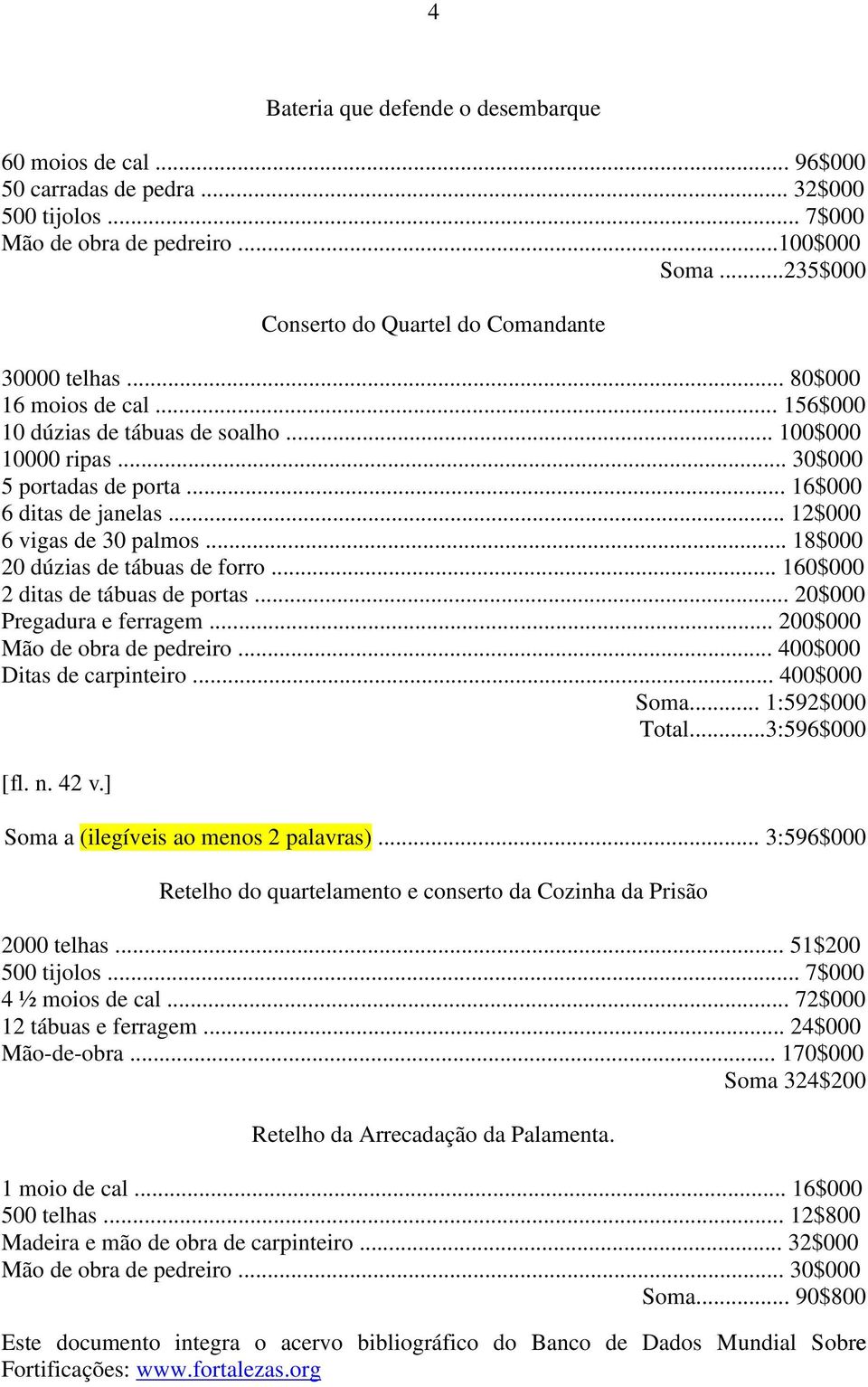 .. 16$000 6 ditas de janelas... 12$000 6 vigas de 30 palmos... 18$000 20 dúzias de tábuas de forro... 160$000 2 ditas de tábuas de portas... 20$000 Pregadura e ferragem.