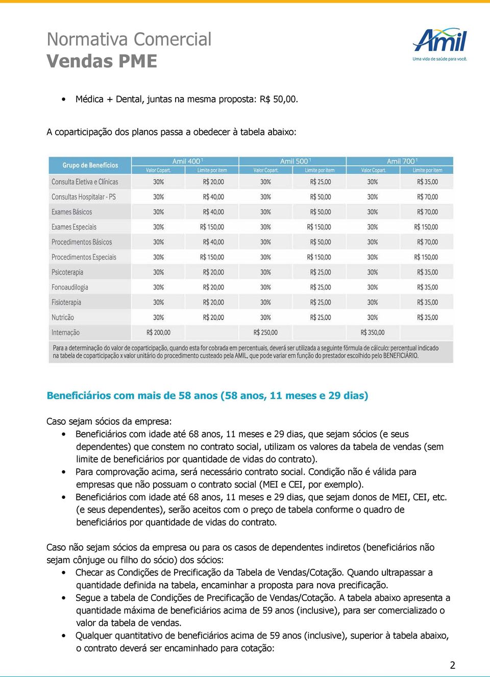 meses e 29 dias, que sejam sócios (e seus dependentes) que constem no contrato social, utilizam os valores da tabela de vendas (sem limite de beneficiários por quantidade de vidas do contrato).