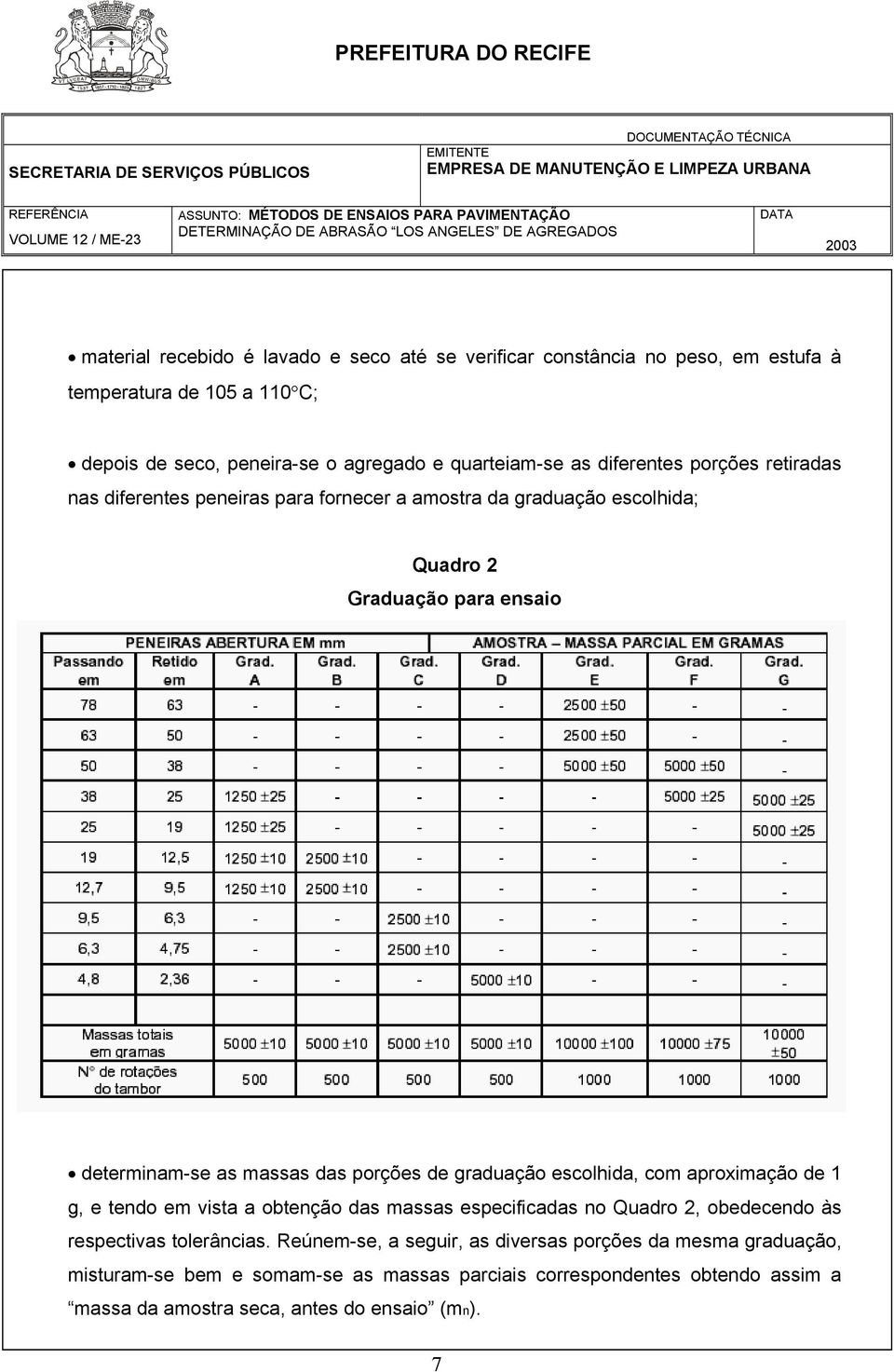 de graduação escolhida, com aproximação de 1 g, e tendo em vista a obtenção das massas especificadas no Quadro 2, obedecendo às respectivas tolerâncias.