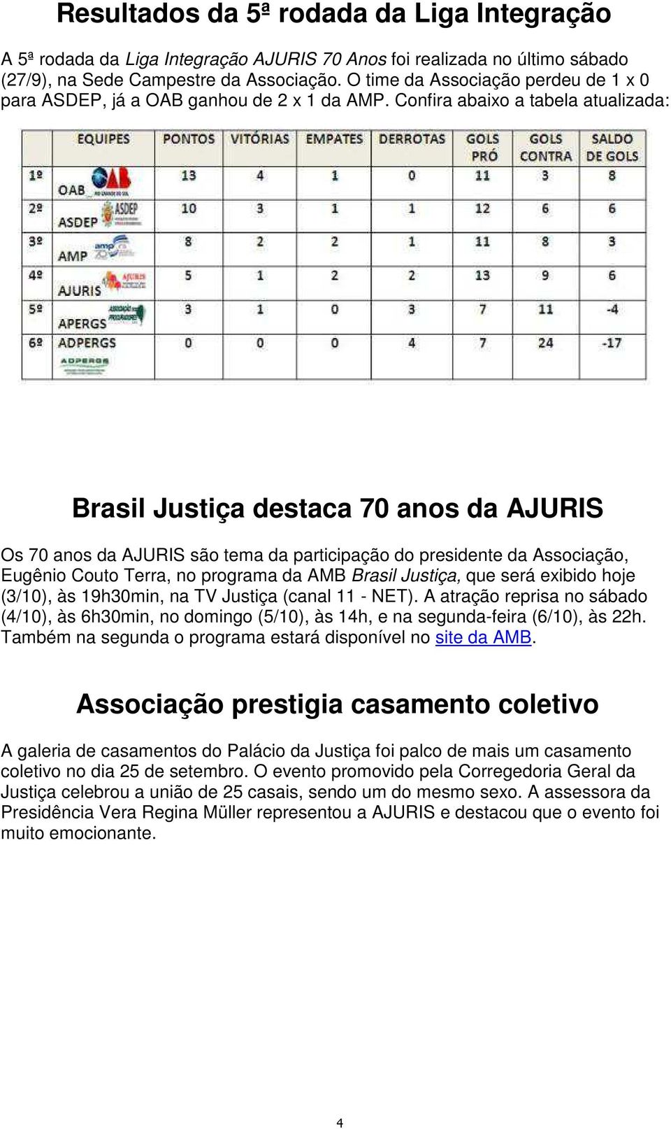 Confira abaixo a tabela atualizada: Brasil Justiça destaca 70 anos da AJURIS Os 70 anos da AJURIS são tema da participação do presidente da Associação, Eugênio Couto Terra, no programa da AMB Brasil