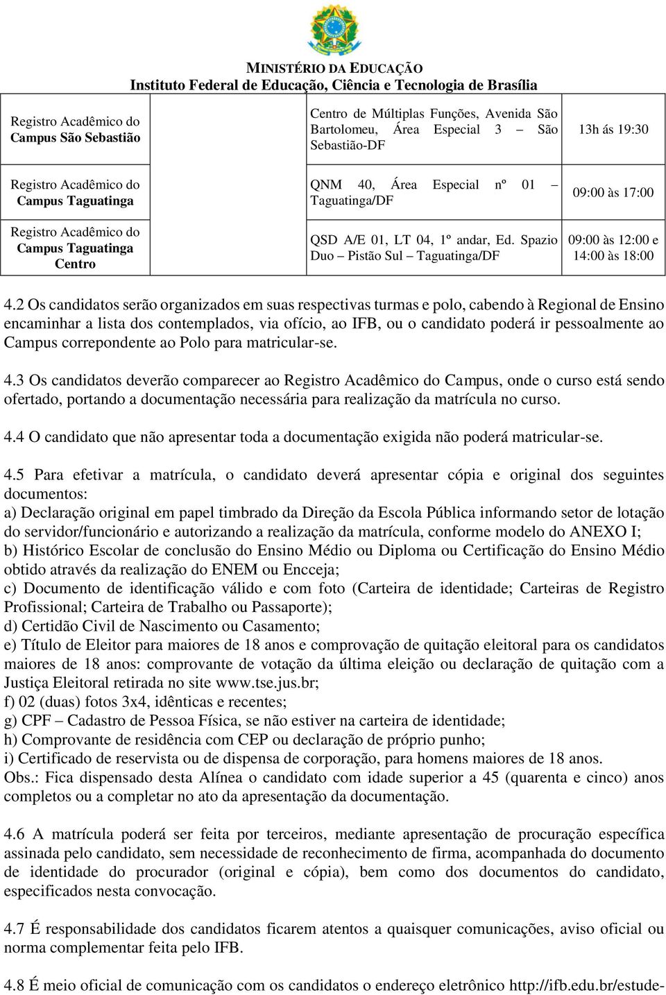 2 Os candidatos serão organizados em suas respectivas turmas e polo, cabendo à Regional de Ensino encaminhar a lista dos contemplados, via ofício, ao IFB, ou o candidato poderá ir pessoalmente ao