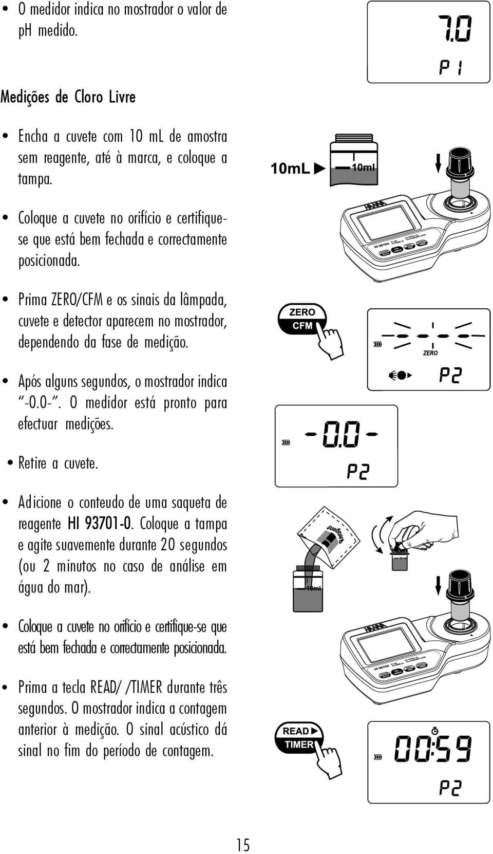 Prima ZERO/CFM e os sinais da lâmpada, cuvete e detector aparecem no mostrador, dependendo da fase de medição. Após alguns segundos, o mostrador indica -0.0-.