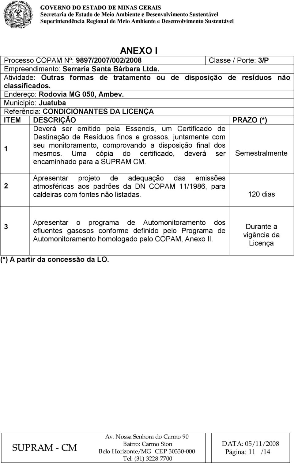 Município: Juatuba Referência: CONDICIONANTES DA LICENÇA ITEM DESCRIÇÃO PRAZO (*) Deverá ser emitido pela Essencis, um Certificado de Destinação de Resíduos finos e grossos, juntamente com 1 seu