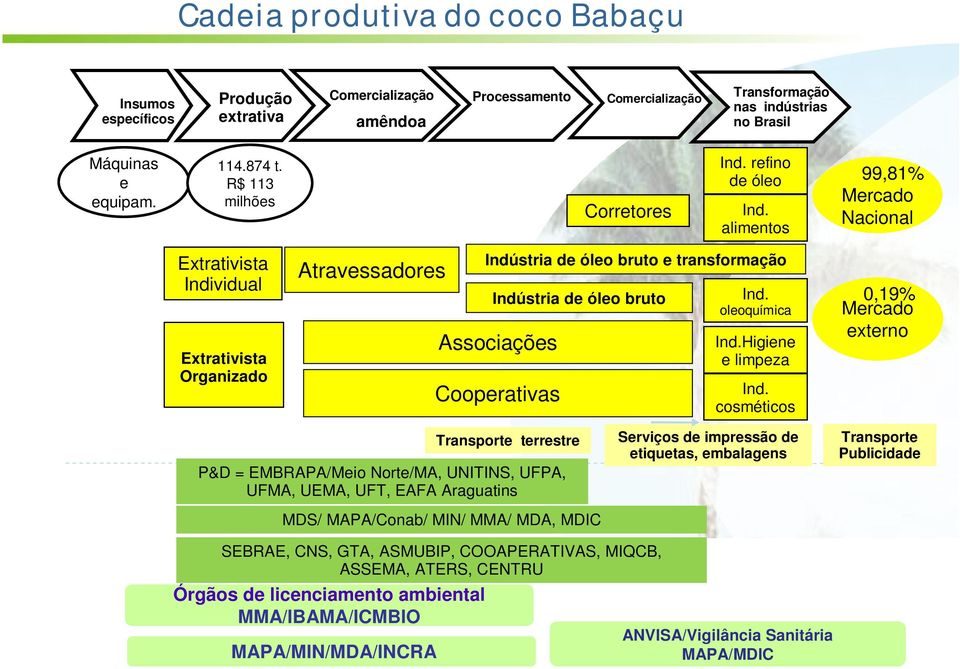 alimentos 99,81% Mercado Nacional Extrativista Individual Extrativista Organizado Atravessadores Indústria de óleo bruto e transformação Indústria de óleo bruto Associações Cooperativas Ind.