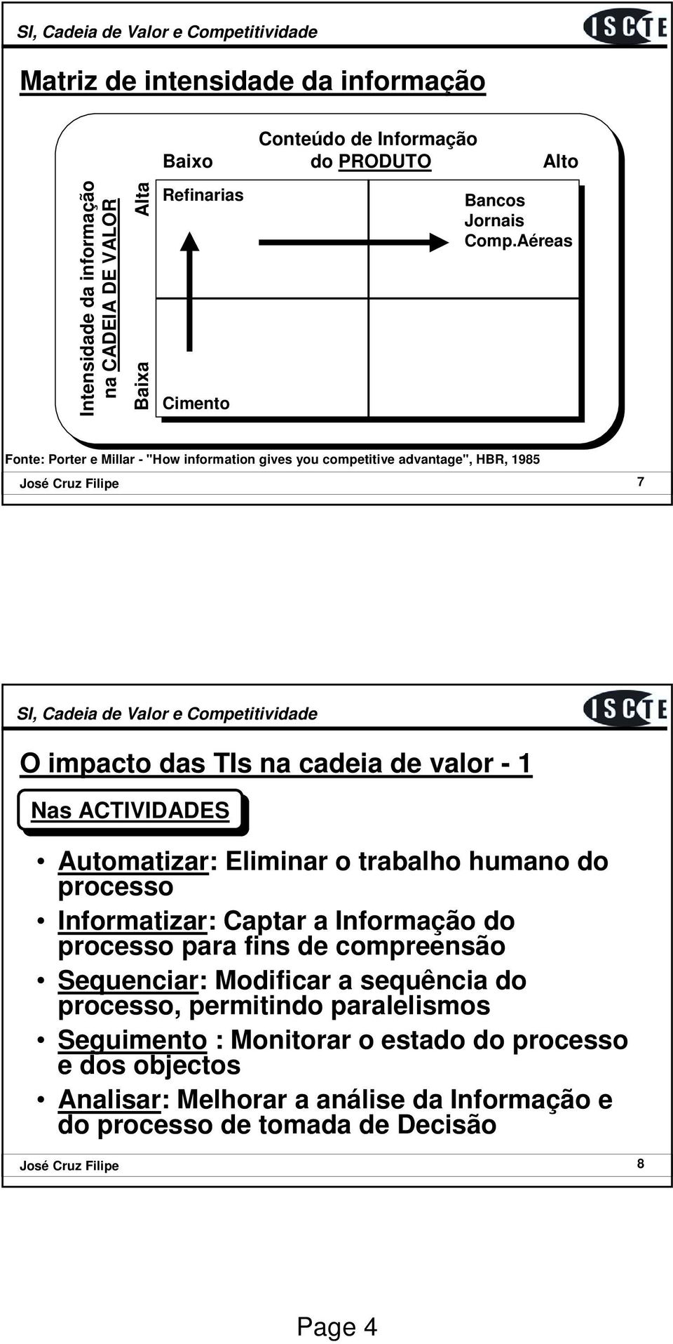 Aéreas Fonte: Porter e Millar - "How information gives you competitive advantage", HBR, 1985 7 O impacto das TIs na cadeia de valor - 1 Nas ACTIVIDADES Automatizar: