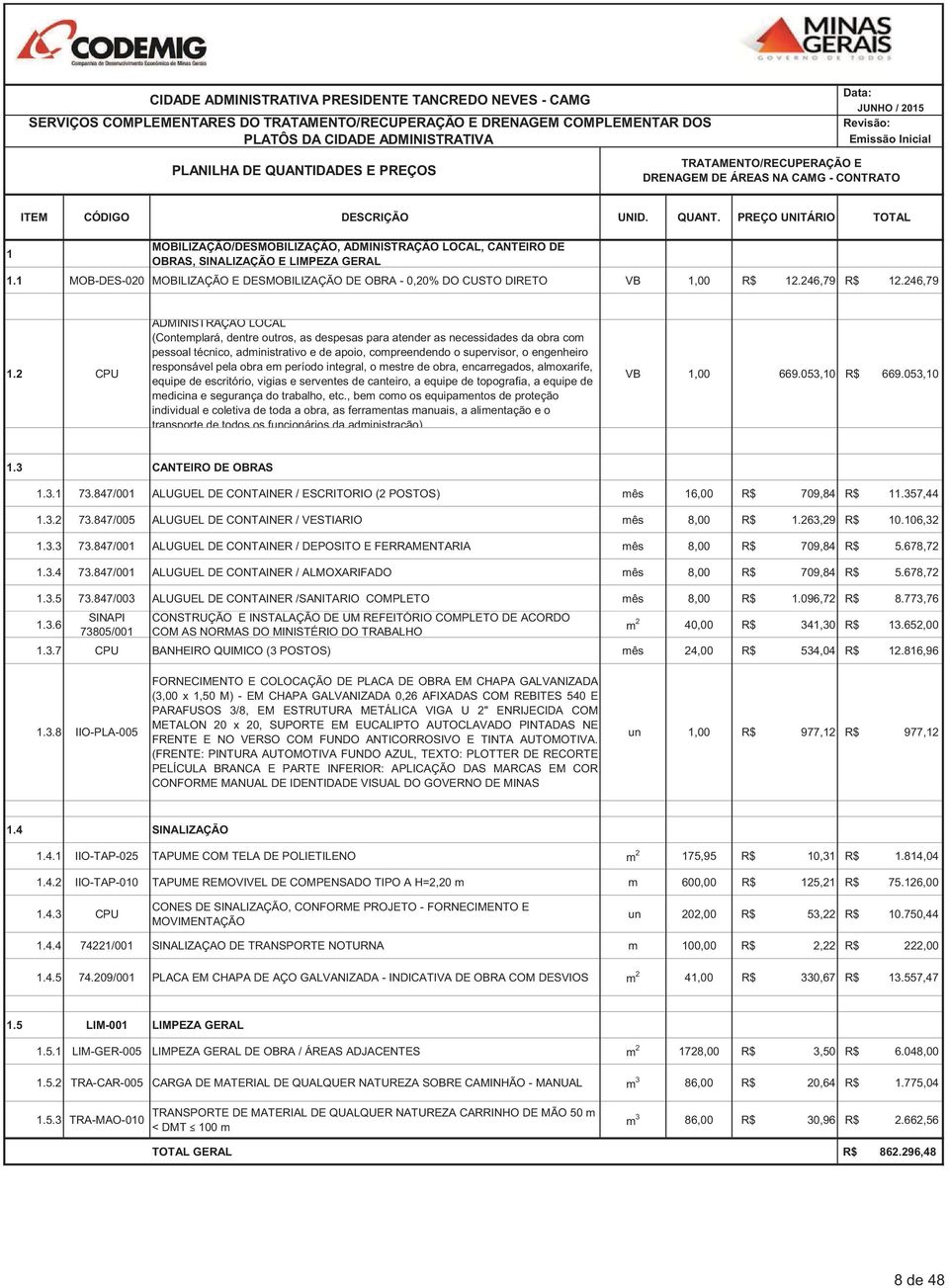 2 CPU ADMINISTRAÇÃO LOCAL (Contemplará, dentre outros, as despesas para atender as necessidades da obra com pessoal técnico, administrativo e de apoio, compreendendo o supervisor, o engenheiro