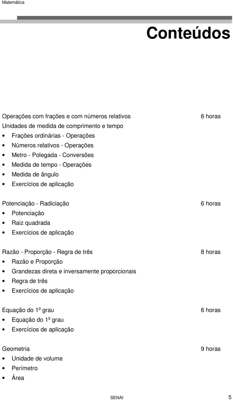 Raiz quadrada Exercícios de aplicação 6 horas Razão - Proporção - Regra de três Razão e Proporção Grandezas direta e inversamente proporcionais Regra de