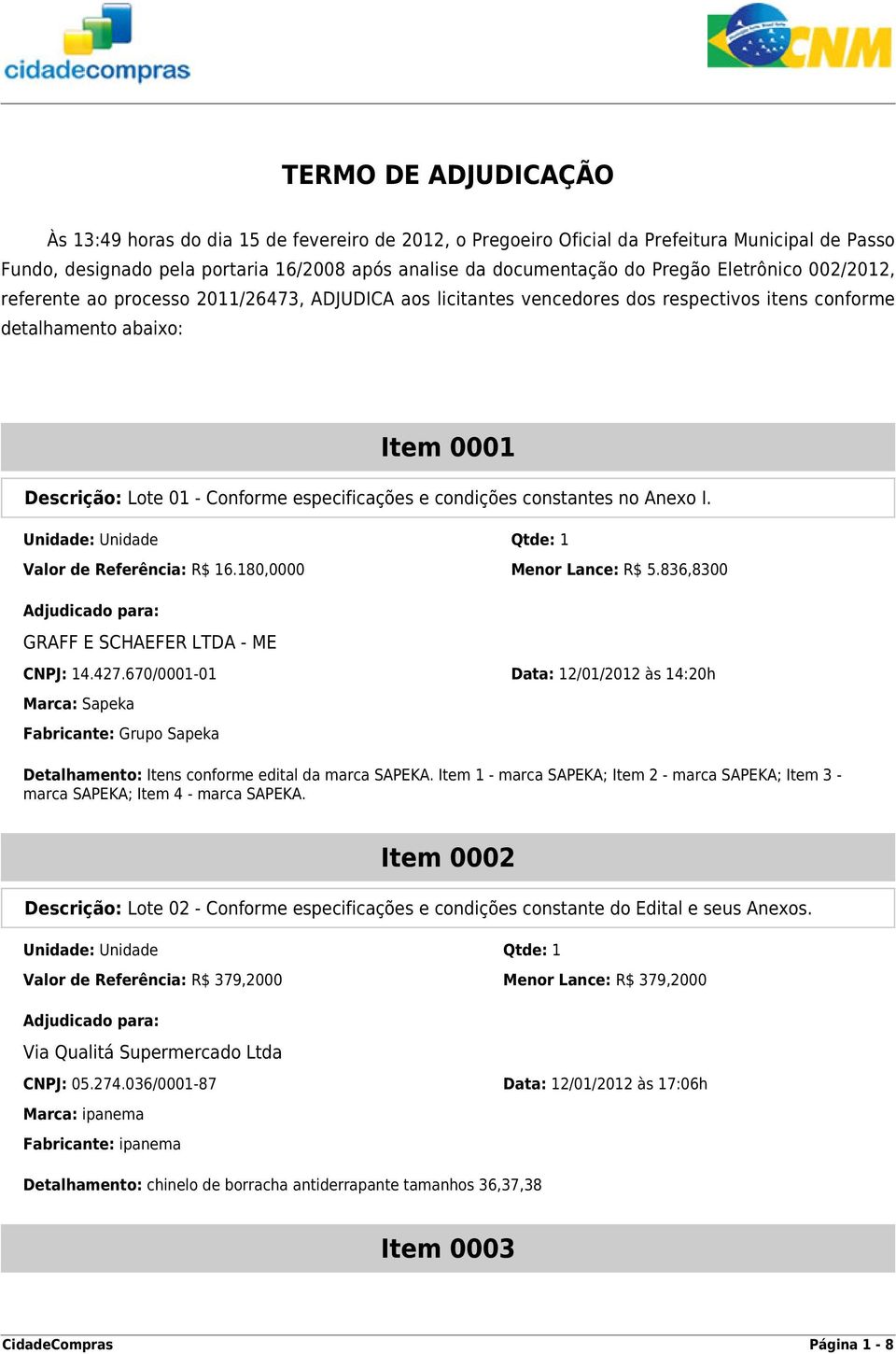 condições constantes no Anexo I. Valor de Referência: R$ 16.180,0000 Menor Lance: R$ 5.836,8300 CNPJ: 14.427.