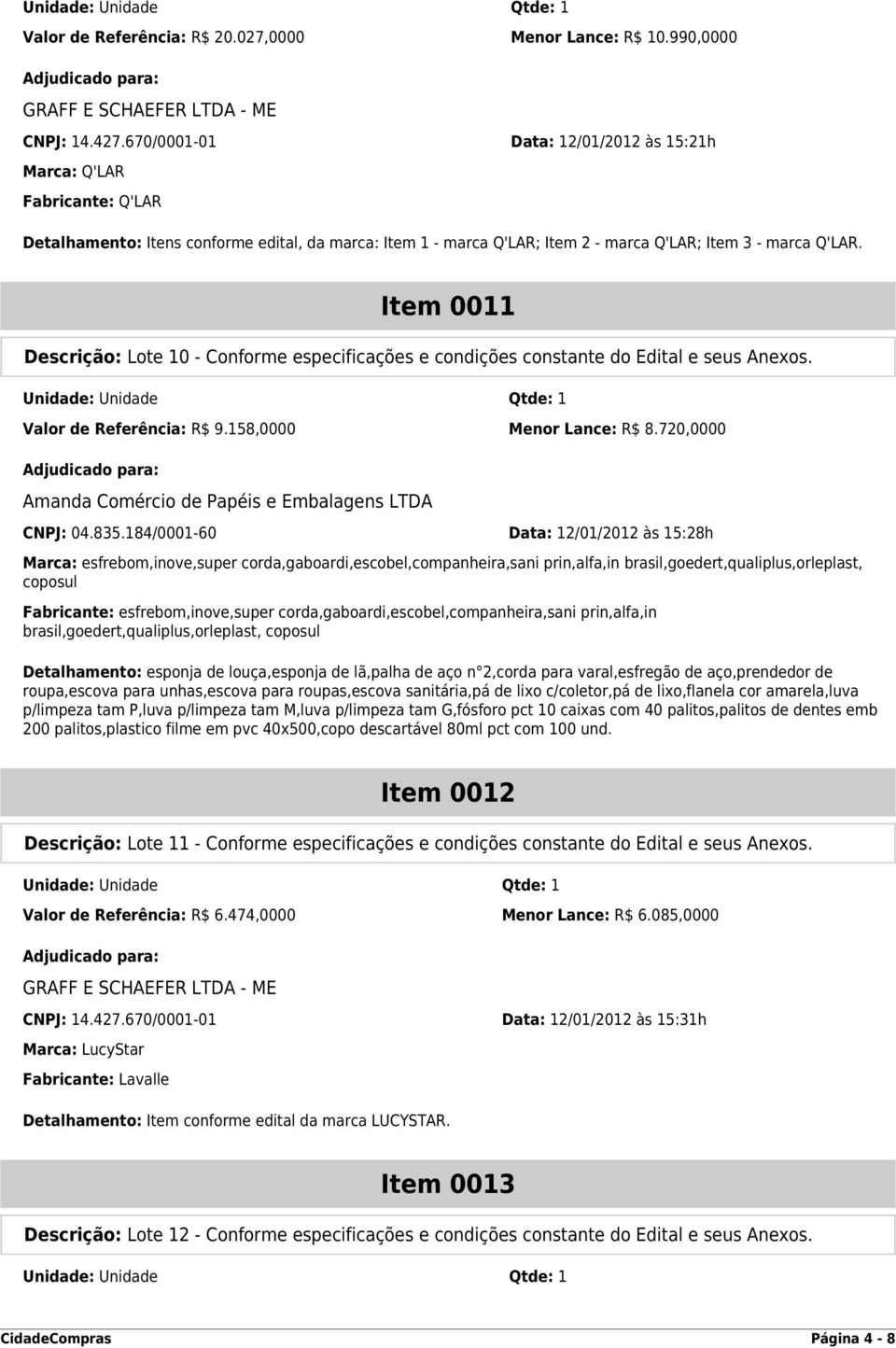 Item 0011 Descrição: Lote 10 - Conforme especificações e condições constante do Edital e seus Anexos. Valor de Referência: R$ 9.158,0000 Menor Lance: R$ 8.