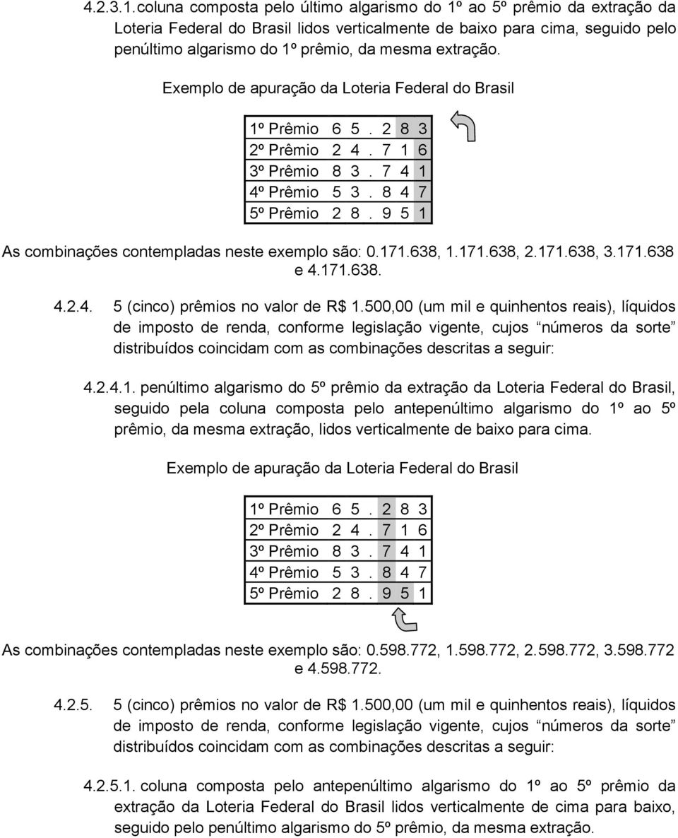extração. Exemplo de apuração da Loteria Federal do Brasil 1º Prêmio 6 5. 2 8 3 As combinações contempladas neste exemplo são: 0.171.638, 1.171.638, 2.171.638, 3.171.638 e 4.