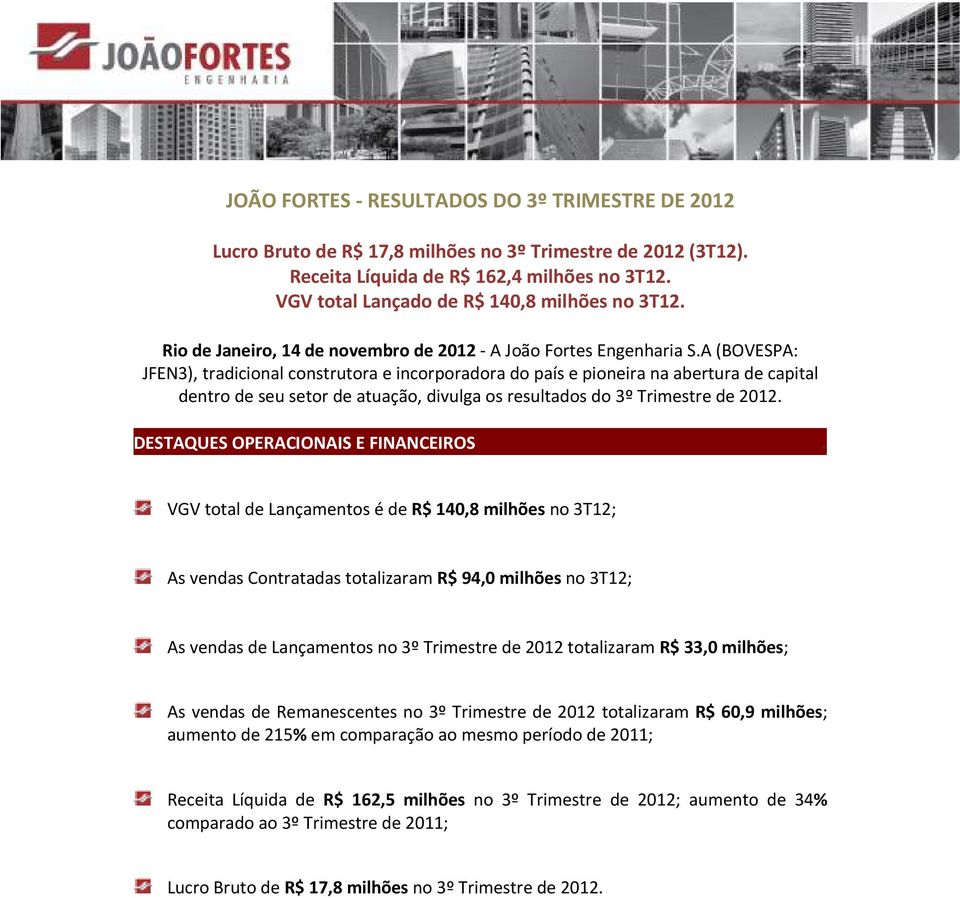 A (BOVESPA: JFEN3), tradicional construtora e incorporadora do país e pioneira na abertura de capital dentro de seu setor de atuação, divulga os resultados do 3º Trimestre de 2012.