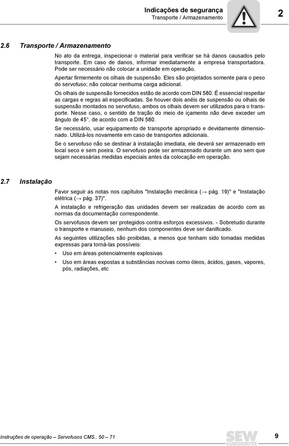 Eles são projetados somente para o peso do servofuso; não colocar nenhuma carga adicional. Os olhais de suspensão fornecidos estão de acordo com DIN 580.