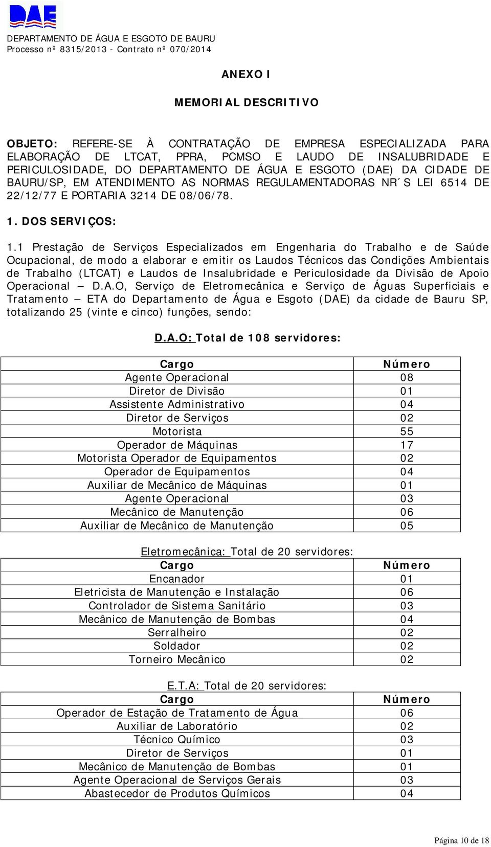 1 Prestação de Serviços Especializados em Engenharia do Trabalho e de Saúde Ocupacional, de modo a elaborar e emitir os Laudos Técnicos das Condições Ambientais de Trabalho (LTCAT) e Laudos de