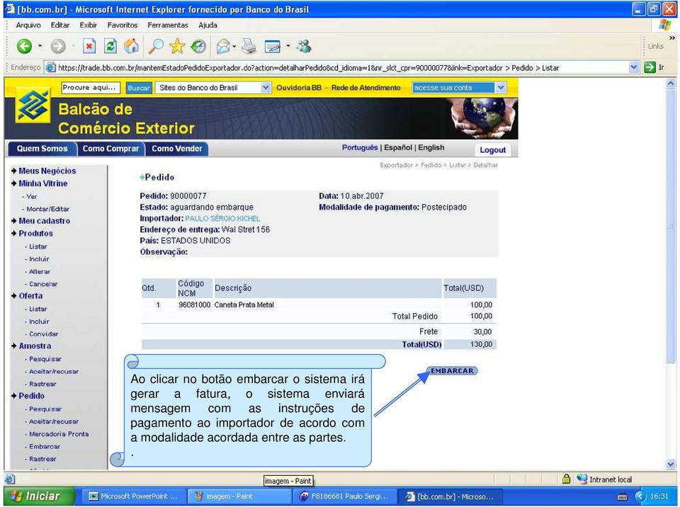 com as instruções de pagamento ao importador