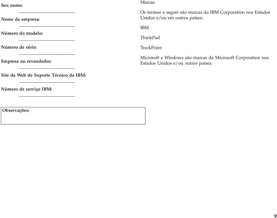 IBM Corporation nos Estados Unidos e/ou em outros países: IBM ThinkPad TrackPoint Microsoft e