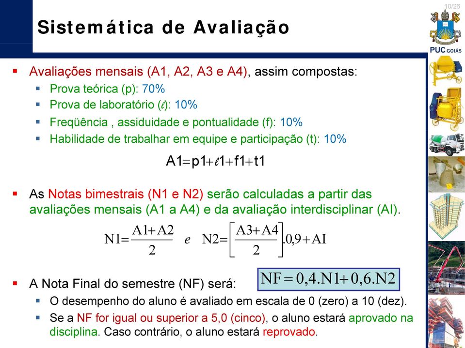 mensais (A1 a A4) e da avaliação interdisciplinar (AI). N1 A1 A2 2 A Nota Final do semestre (NF) será: e A3 A4 N2.0,9 AI 2 NF 0,4.N1 0,6.