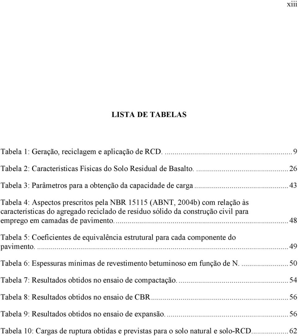 .. 43 Tabela 4: Aspectos prescritos pela NBR 15115 (ABNT, 2004b) com relação às características do agregado reciclado de resíduo sólido da construção civil para emprego em camadas de pavimento.