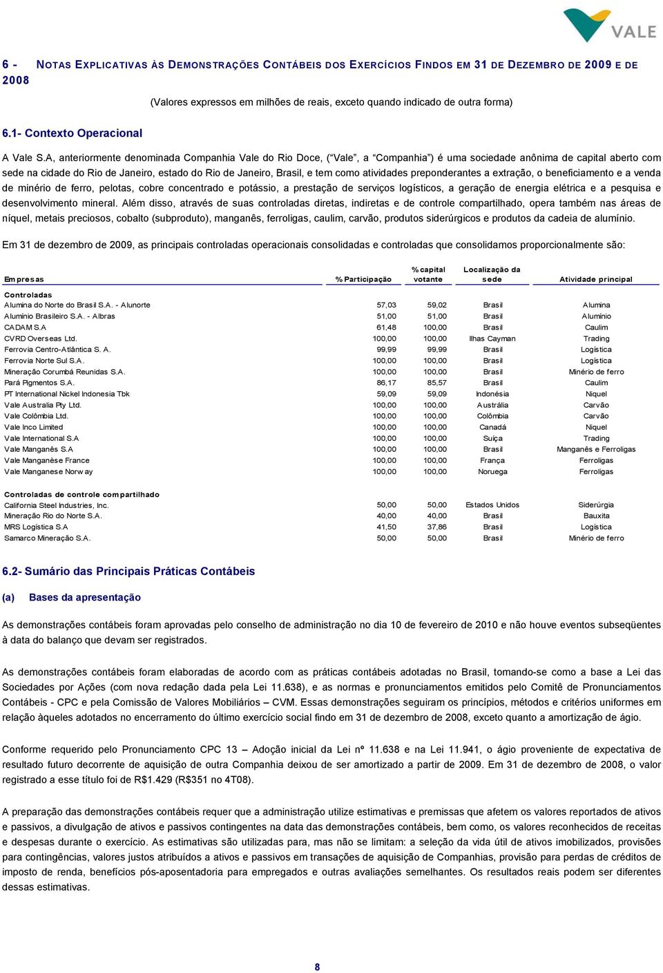 A, anteriormente denominada Companhia Vale do Rio Doce, ( Vale, a Companhia ) é uma sociedade anônima de capital aberto com sede na cidade do Rio de Janeiro, estado do Rio de Janeiro, Brasil, e tem