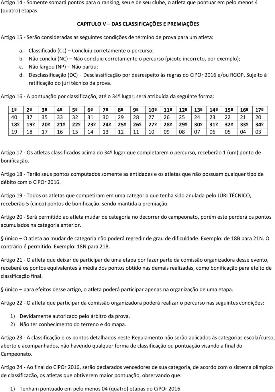 Não conclui (NC) Não concluiu corretamente o percurso (picote incorreto, por exemplo); c. Não largou (NP) Não partiu; d.