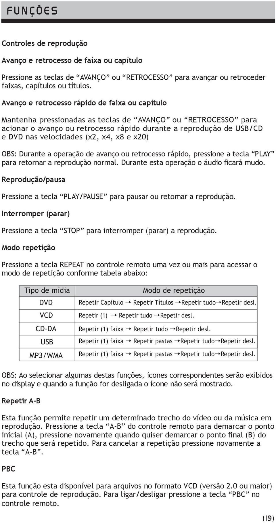 (x2, x4, x8 e x20) OBS: Durante a operação de avanço ou retrocesso rápido, pressione a tecla PLAY para retornar a reprodução normal. Durante esta operação o áudio ficará mudo.