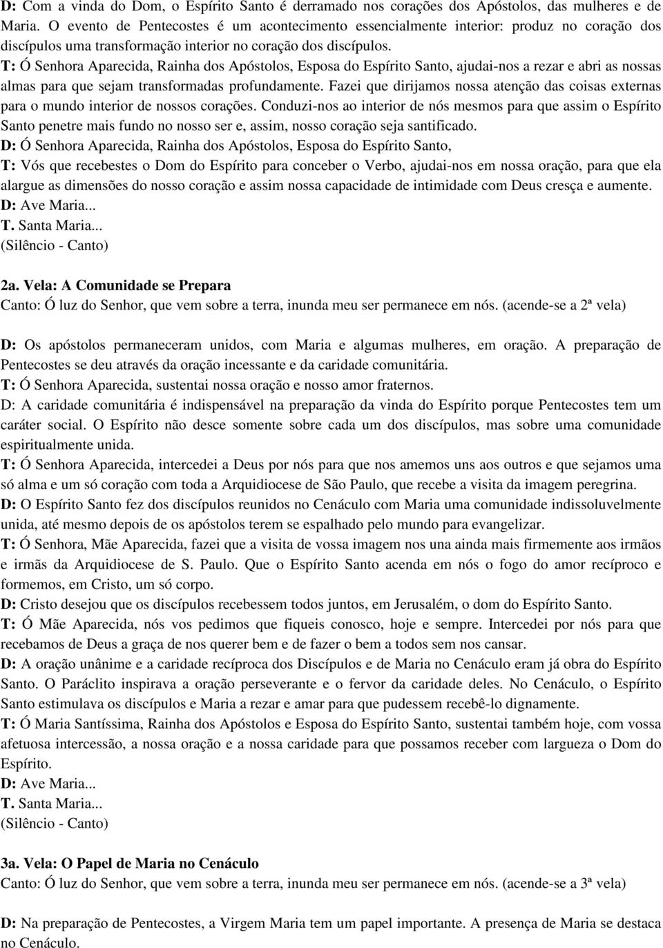 T: Ó Senhora Aparecida, Rainha dos Apóstolos, Esposa do Espírito Santo, ajudai-nos a rezar e abri as nossas almas para que sejam transformadas profundamente.