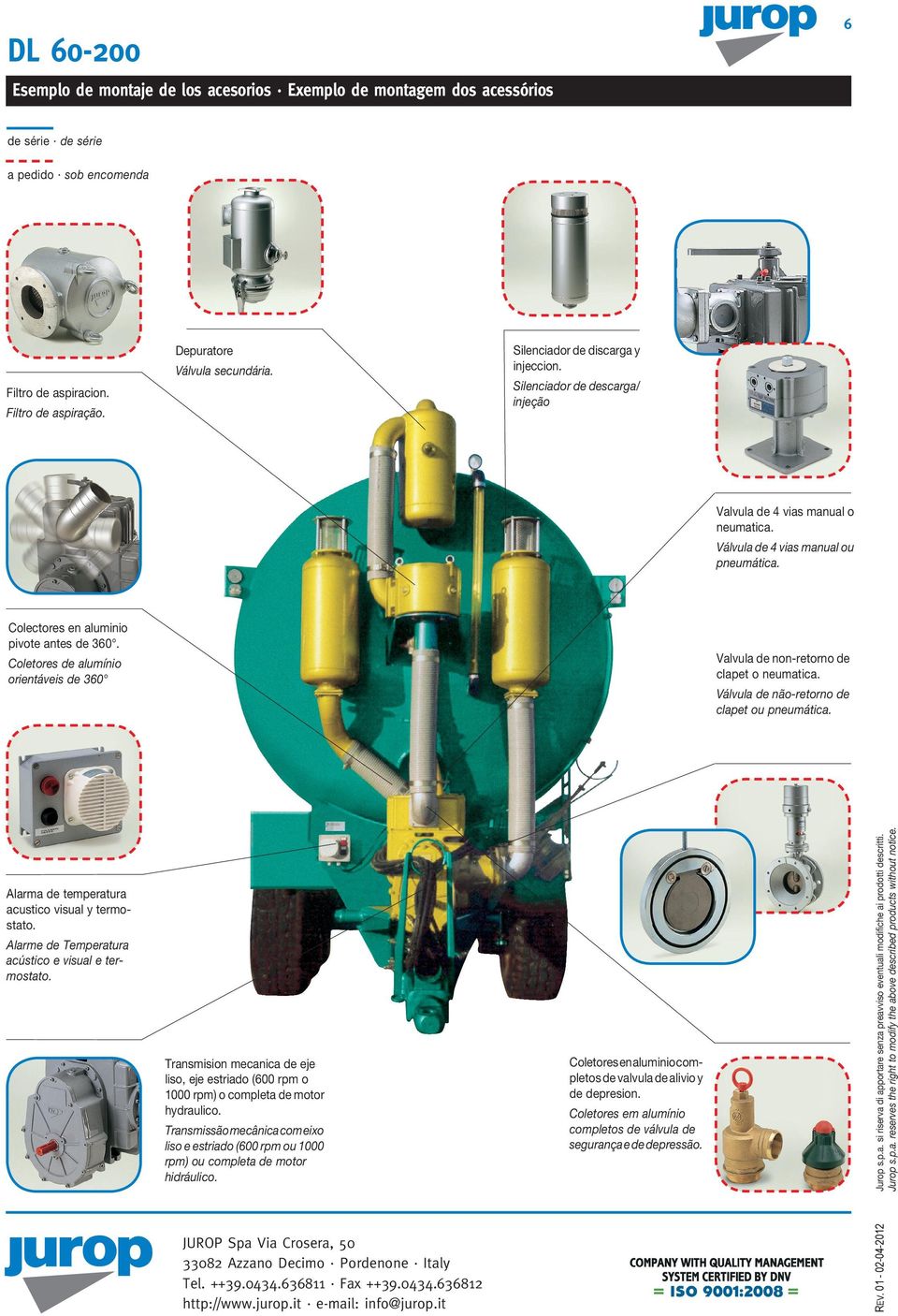 Valvula de non-retorno de clapet o neumatica. oletores de alumínio orientáveis de 3 Transmision mecanica de eje liso, eje estriado ( rpm o rpm) o completa de motor hydraulico.