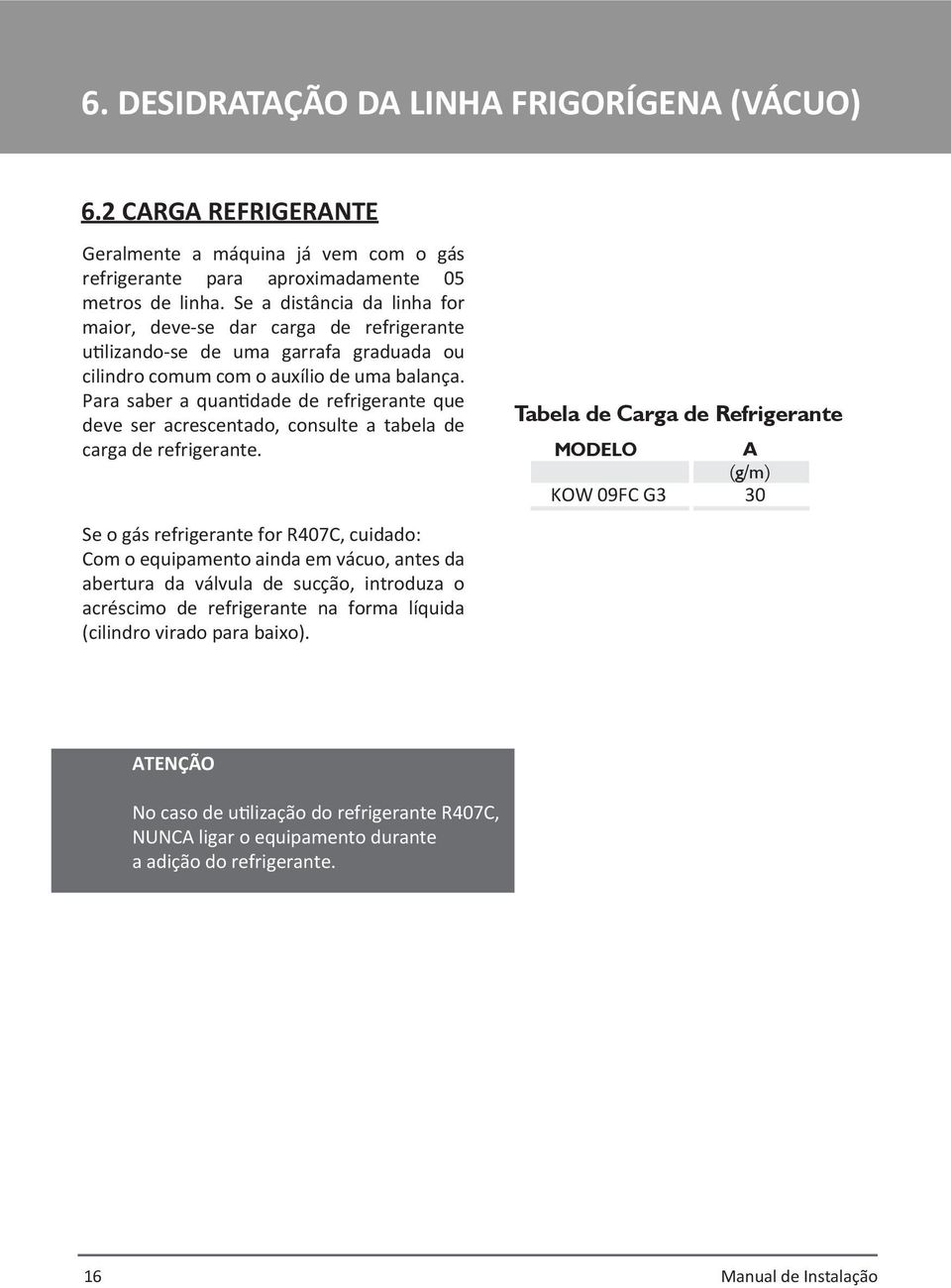 Para saber a quantidade de refrigerante que deve ser acrescentado, consulte a tabela de carga de refrigerante.