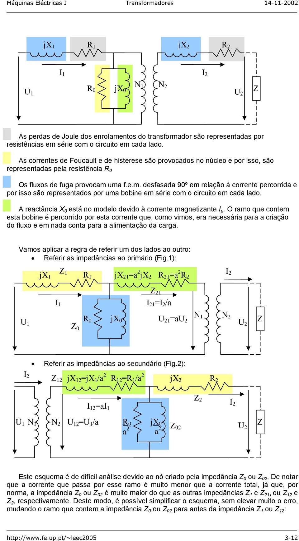 um f.e.m. desfsd 9º em relção à correne percorrid e por isso são represendos por um bobine em série com o circuio em cd ldo. A recânci esá no modelo devido à correne mgneizne µ.