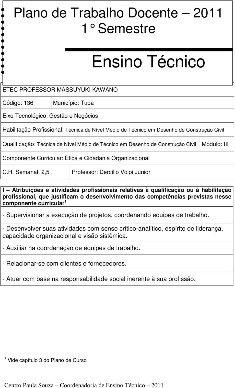 Semanal: 2,5 Professor: Dercílio Volpi Júnior I Atribuições e atividades profissionais relativas à qualificação ou à habilitação profissional, que justificam o desenvolvimento das competências