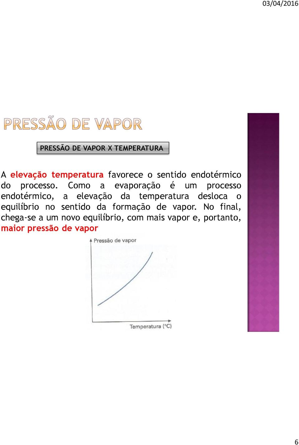Como a evaporação é um processo endotérmico, a elevação da temperatura desloca