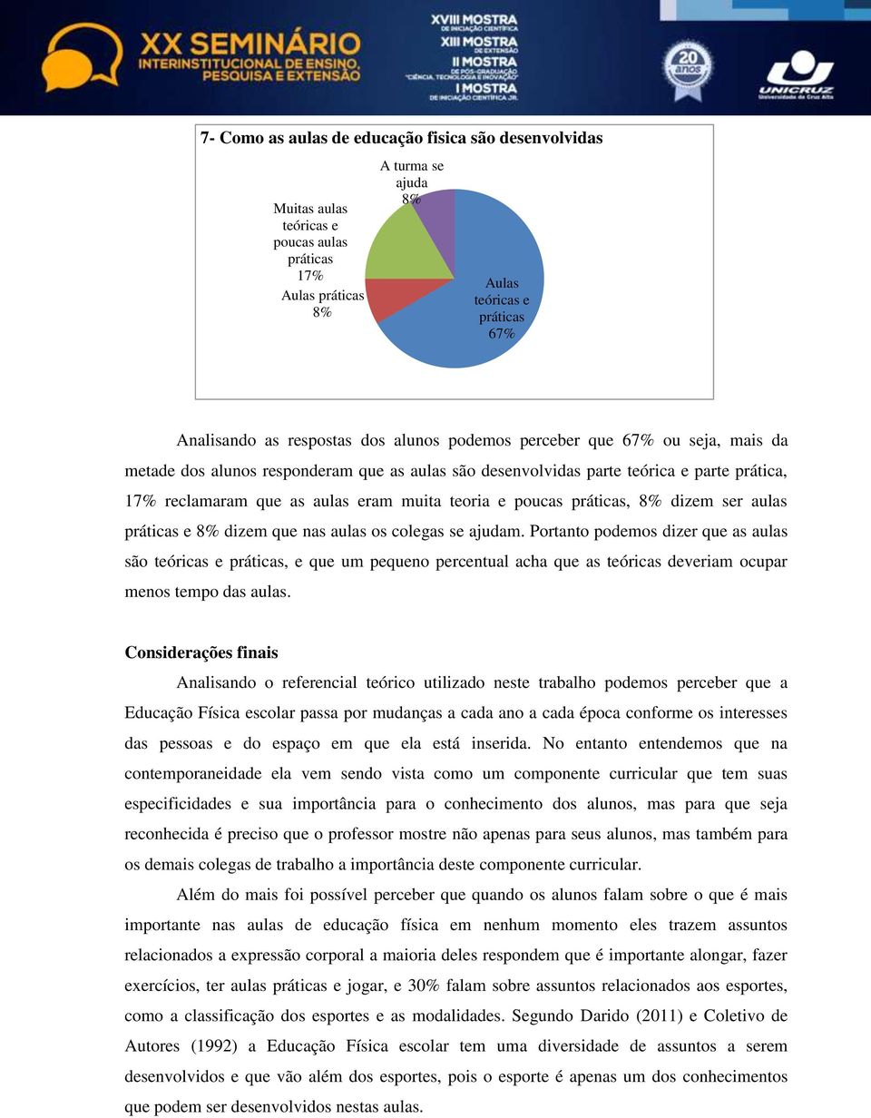 práticas, 8% dizem ser aulas práticas e 8% dizem que nas aulas os colegas se ajudam.