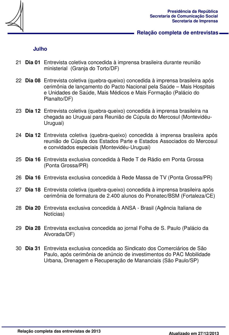 à imprensa brasileira na chegada ao Uruguai para Reunião de Cúpula do Mercosul (Montevidéu- Uruguai) 24 Dia 12 Entrevista coletiva (quebra-queixo) concedida à imprensa brasileira após reunião de