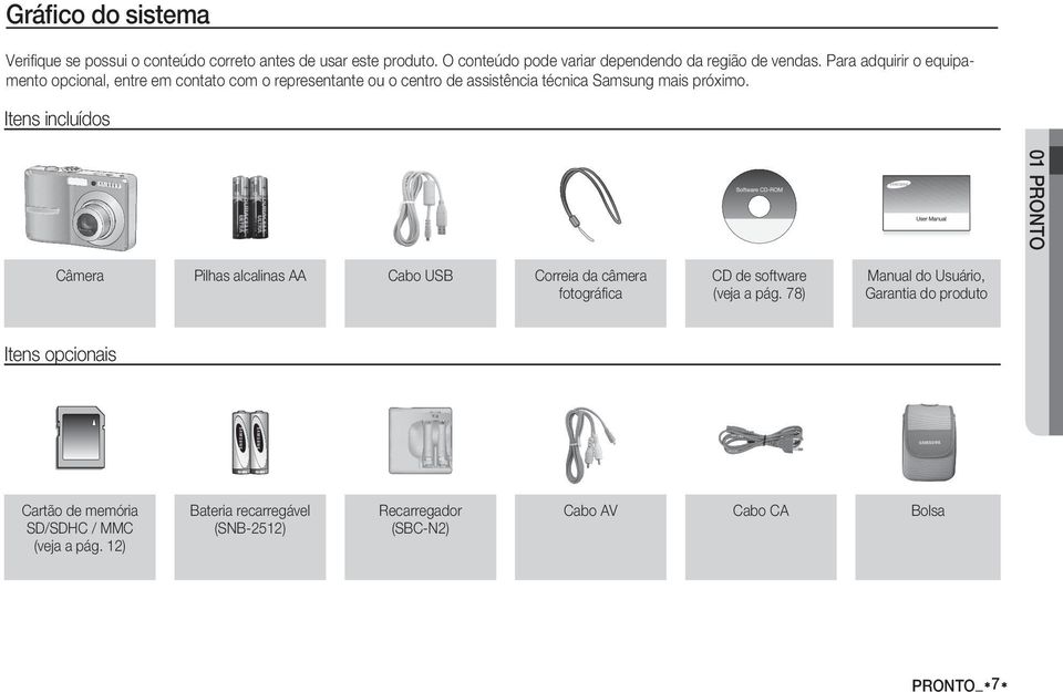 Itens incluídos 01 PRONTO Câmera Pilhas alcalinas AA Cabo USB Correia da câmera fotográfi ca CD de software (veja a pág.