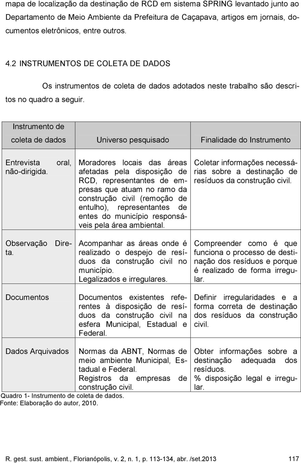 Universo pesquisado Finalidade do Instrumento oral, Moradores locais das áreas Coletar informações necessáafetadas pela disposição de rias sobre a destinação de RCD, representantes de em- resíduos da