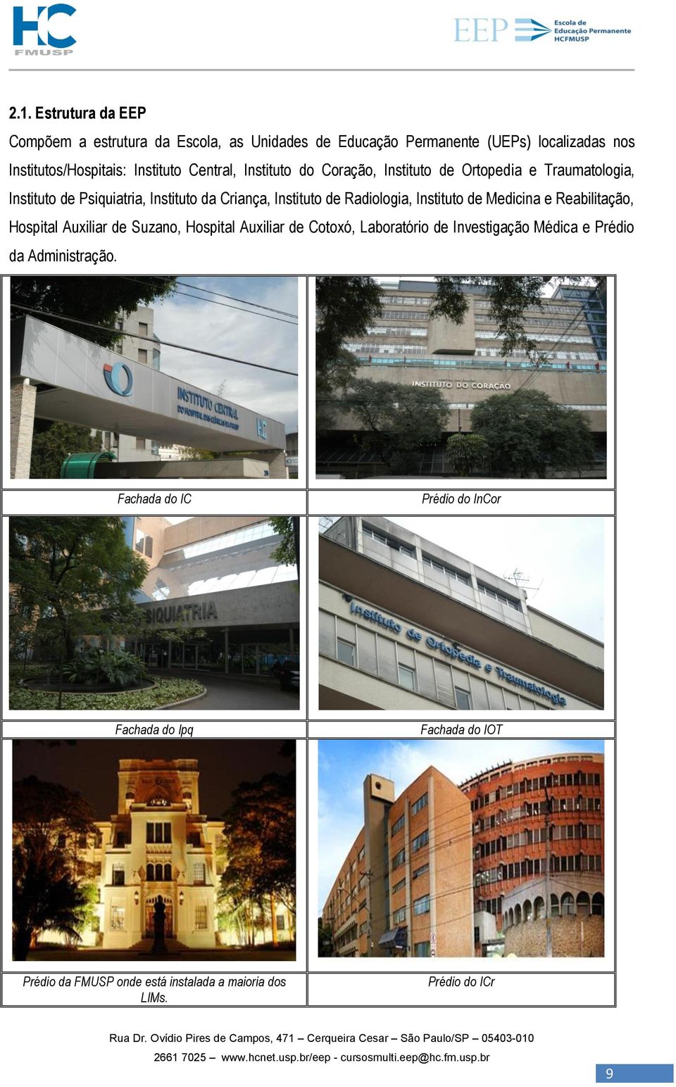 Instituto de Medicina e Reabilitação, Hospital Auxiliar de Suzano, Hospital Auxiliar de Cotoxó, Laboratório de Investigação Médica e Prédio da