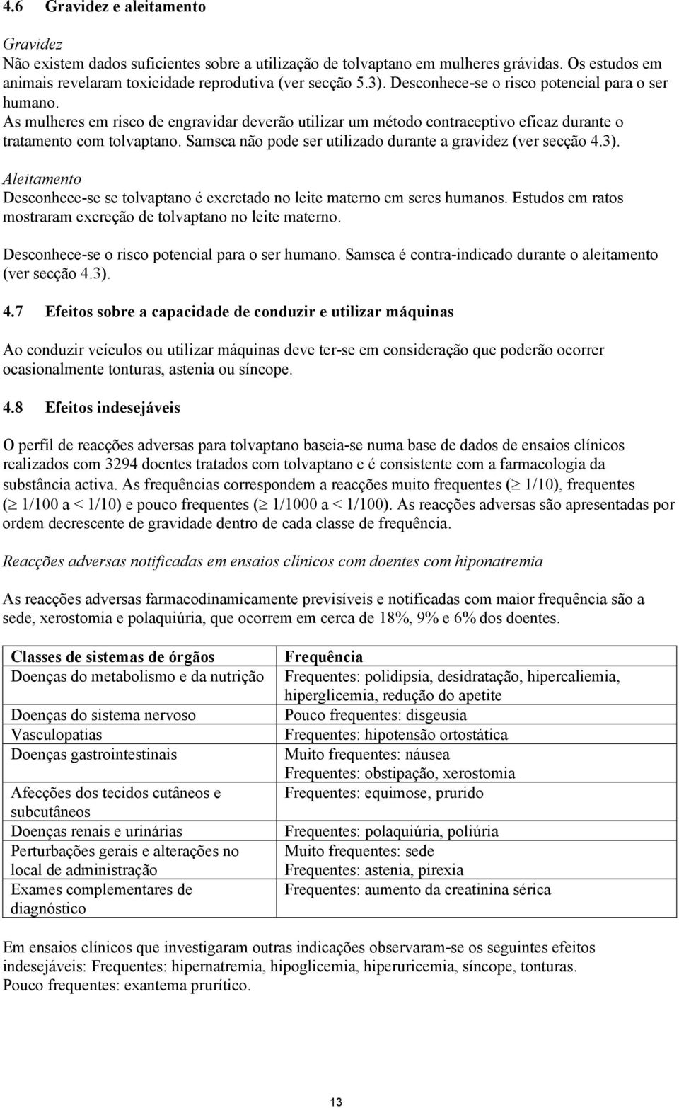 Samsca não pode ser utilizado durante a gravidez (ver secção 4.3). Aleitamento Desconhece-se se tolvaptano é excretado no leite materno em seres humanos.