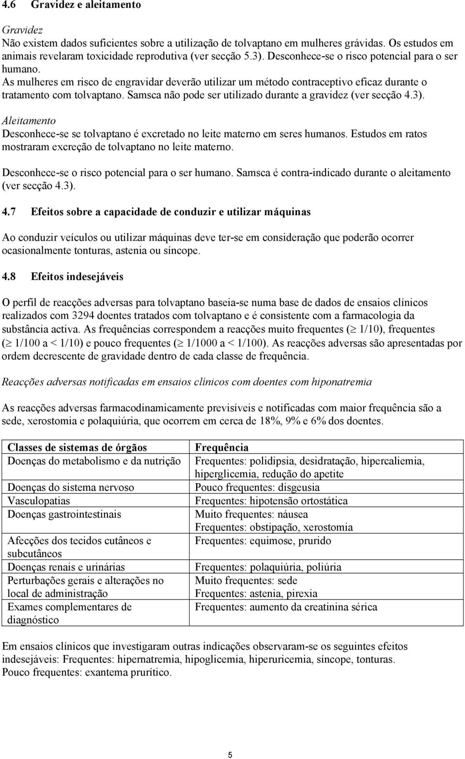 Samsca não pode ser utilizado durante a gravidez (ver secção 4.3). Aleitamento Desconhece-se se tolvaptano é excretado no leite materno em seres humanos.