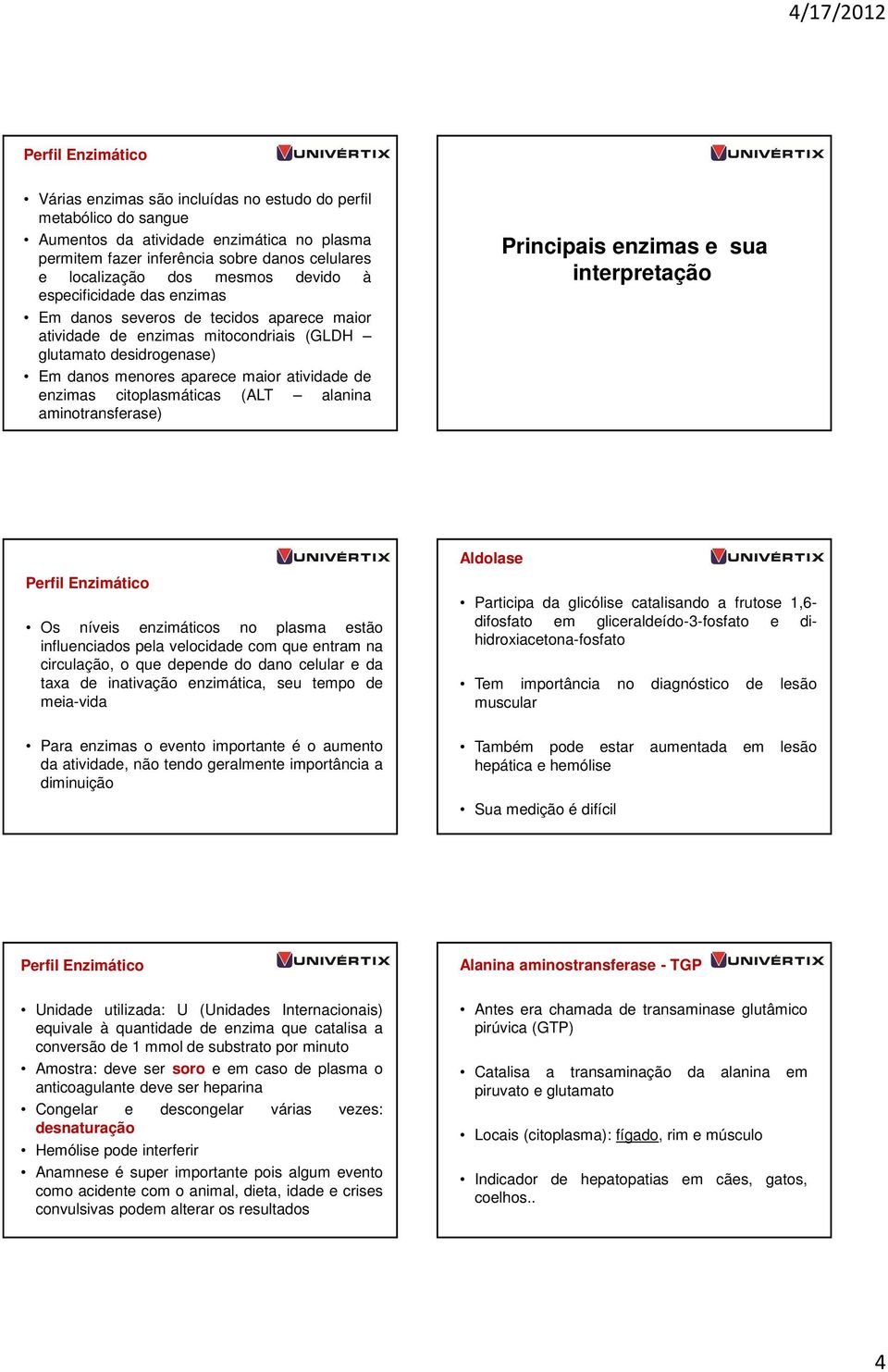 enzimas citoplasmáticas (ALT alanina aminotransferase) Principais enzimas e sua interpretação Perfil Enzimático Os níveis enzimáticos no plasma estão influenciados pela velocidade com que entram na