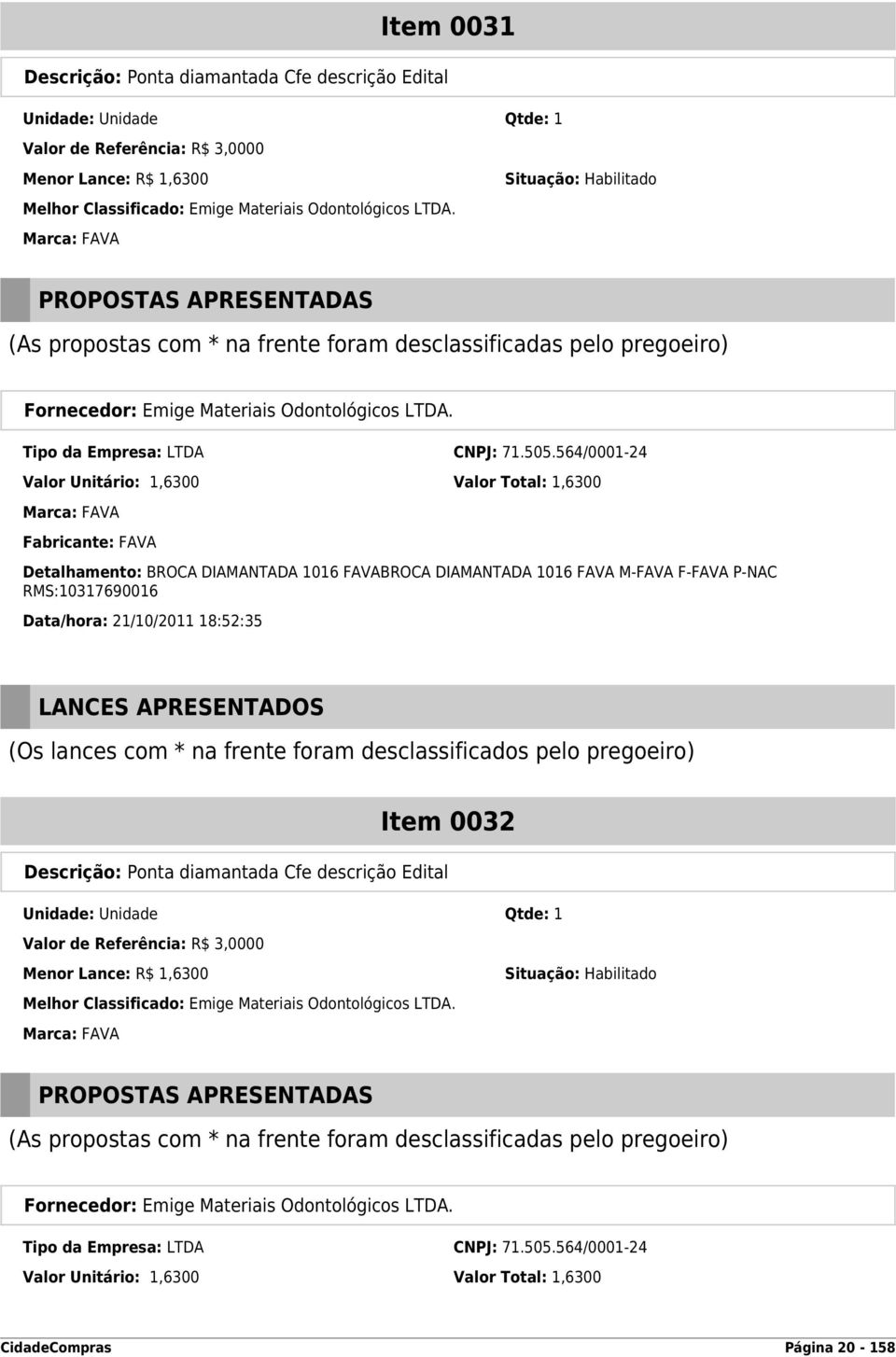 FAVA M-FAVA F-FAVA P-NAC RMS:10317690016 Data/hora: 21/10/2011 18:52:35 Item 0032 Descrição: Ponta diamantada Cfe descrição Edital