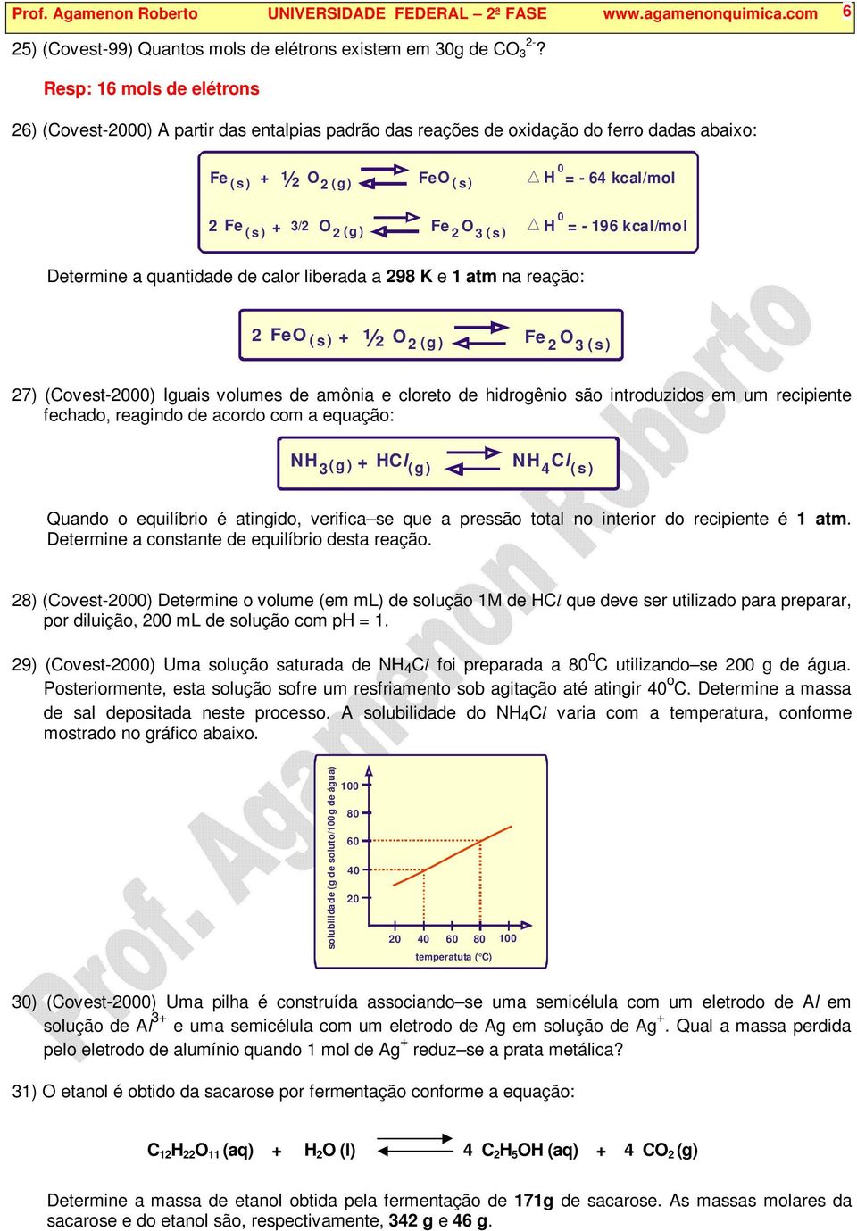 s ) 0 = - 196 kcal/mol Determine a quantidade de calor liberada a 298 K e 1 atm na reação: 2 Fe ( s ) + ½ 2 ( g ) Fe 2 3 ( s ) 27) (ovest-2000) Iguais volumes de amônia e cloreto de hidrogênio são