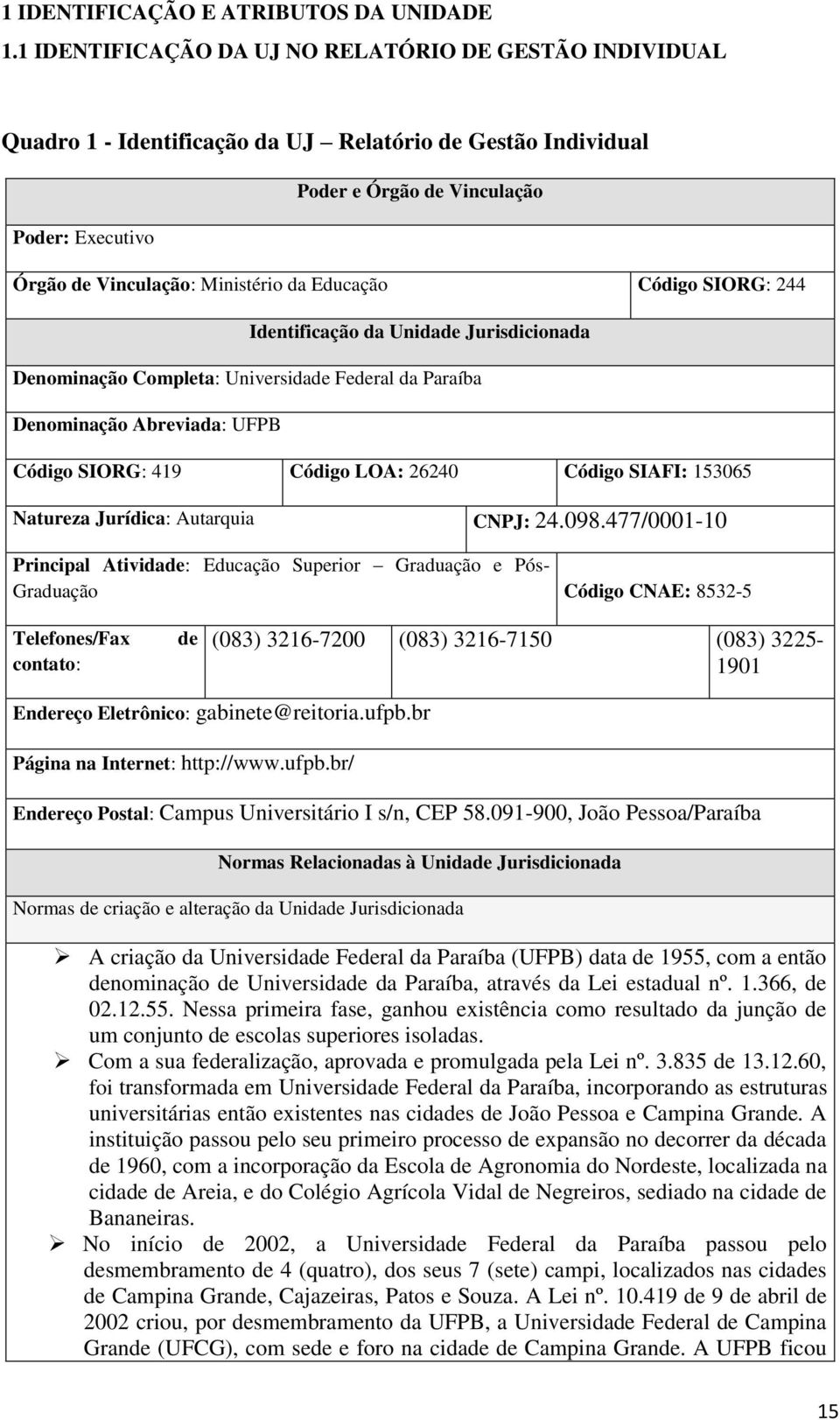 Educação : 244 Identificação da Unidade Jurisdicionada Denominação Completa: Universidade Federal da Paraíba Denominação Abreviada: UFPB : 419 LOA: 26240 SIAFI: 153065 Natureza Jurídica: Autarquia