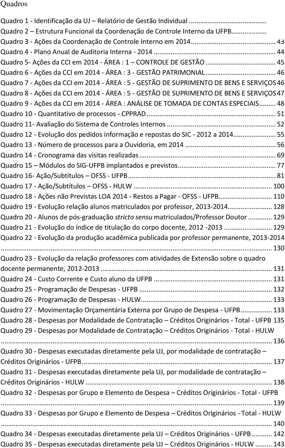 .. 45 Quadro 6 - Ações da CCI em 2014 - ÁREA : 3 - GESTÃO PATRIMONIAL.