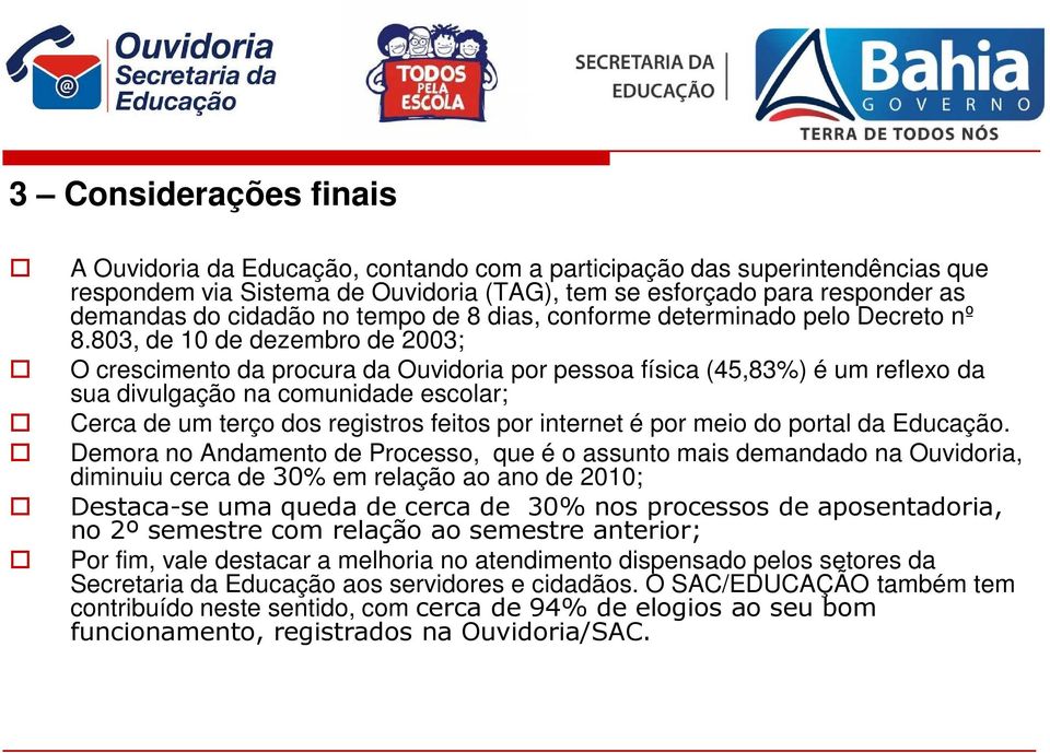 803, de 10 de dezembro de 2003; O crescimento da procura da Ouvidoria por pessoa física (45,83%) é um reflexo da sua divulgação na comunidade escolar; Cerca de um terço dos registros feitos por