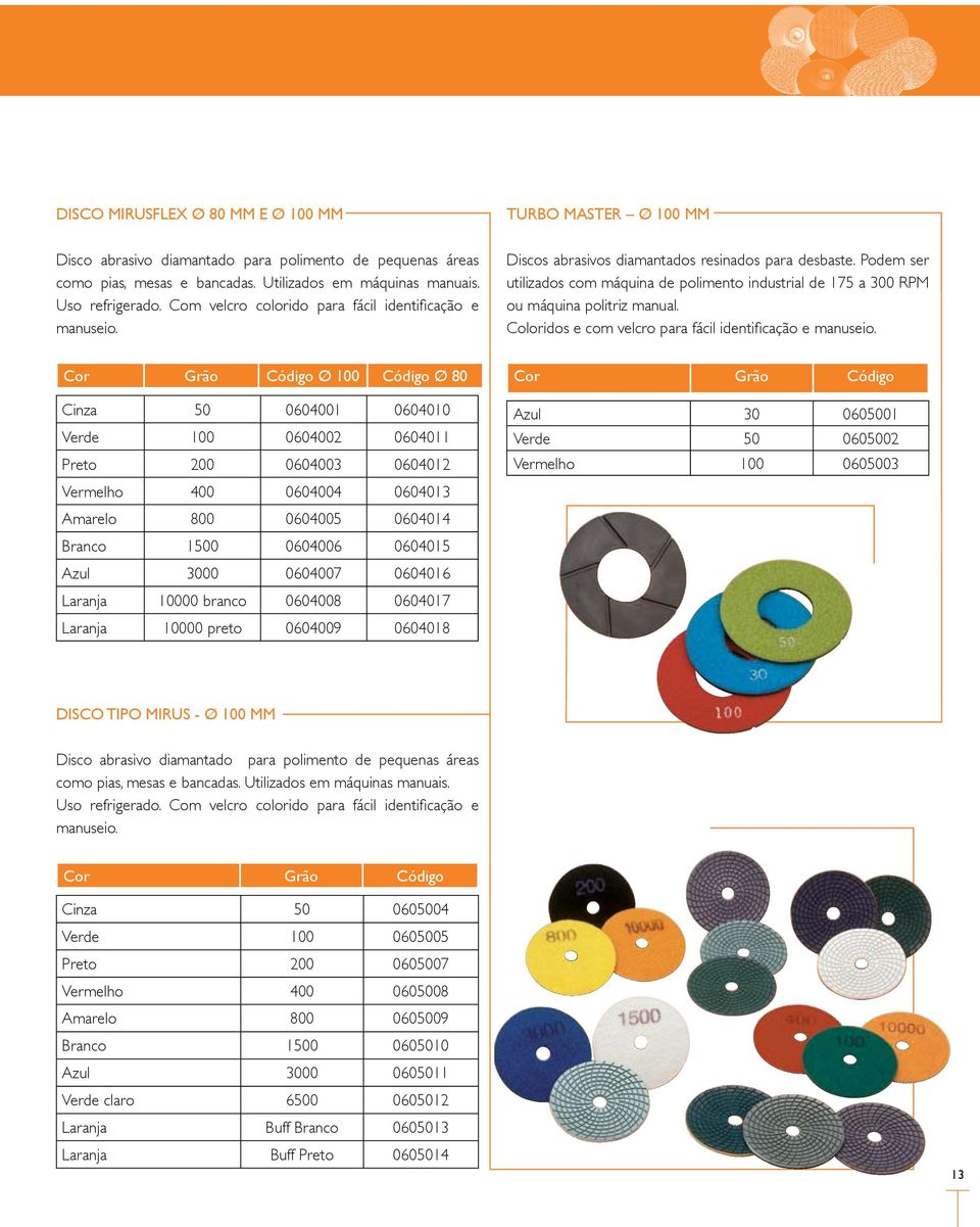 Podem ser utilizados com máquina de polimento industrial de 175 a 300 RPM ou máquina politriz manual. Coloridos e com velcro para fácil identificação e manuseio.