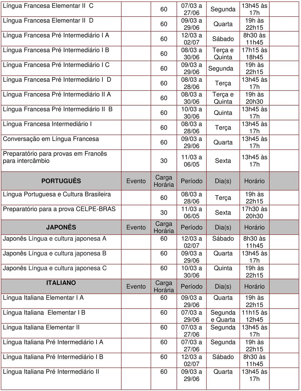 intercâmbio 30 06/05 e e 15 às 20h30 PORTUGUÊS Língua Portuguesa e Cultura Brasileira Preparatório para a prova CELPE-BRAS 30 às 30 06/05 20h30 JAPONÊS Japonês Língua e cultura japonesa A Japonês