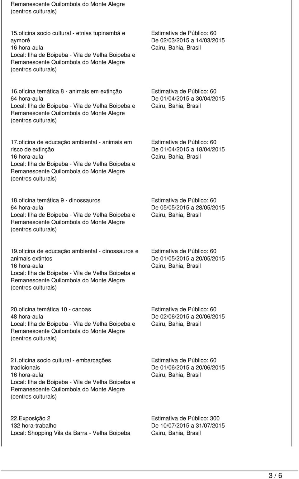 oficina de educação ambiental - dinossauros e animais extintos De 01/05/2015 a 20/05/2015 20.oficina temática 10 - canoas De 02/06/2015 a 20/06/2015 21.