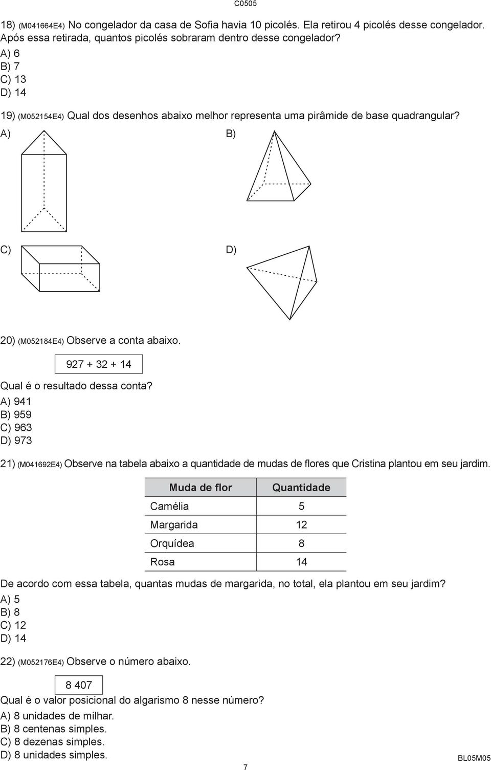 927 + 32 + 14 Qual é o resultado dessa conta? A) 941 B) 959 C) 963 D) 973 21) (M041692E4) Observe na tabela abaixo a quantidade de mudas de flores que Cristina plantou em seu jardim.